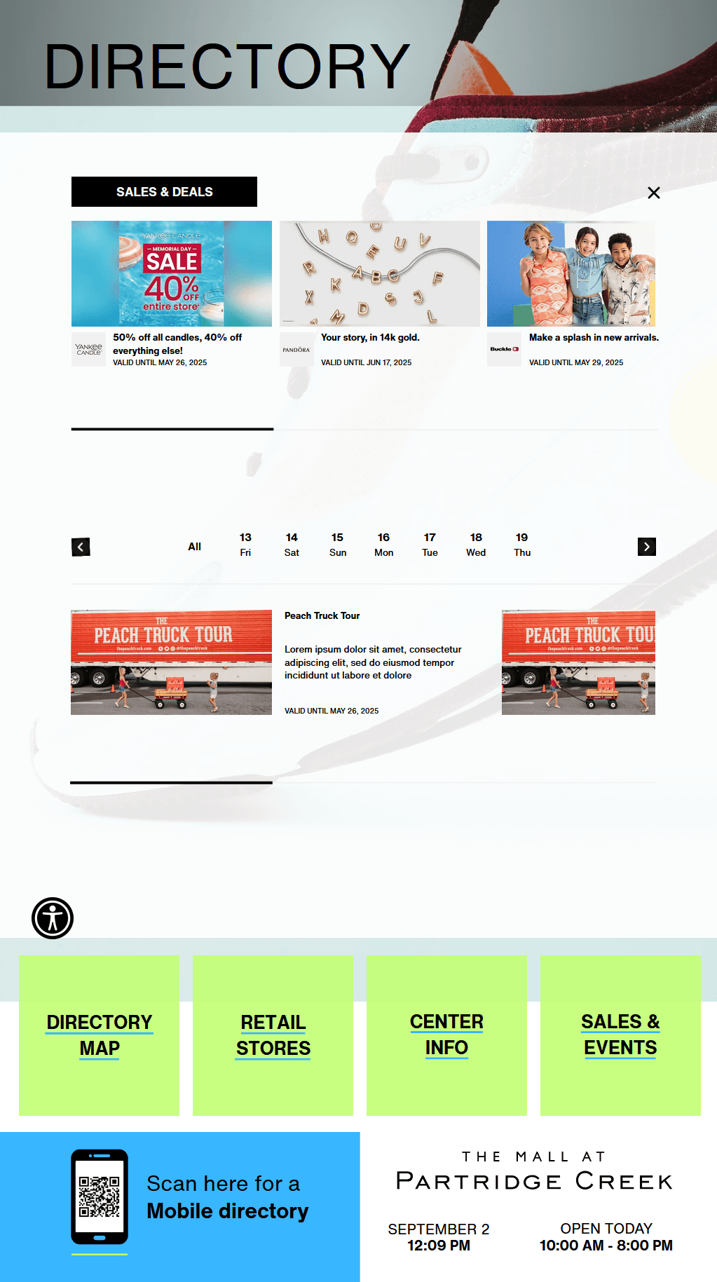 Sales and events interface showing promotions and upcoming events