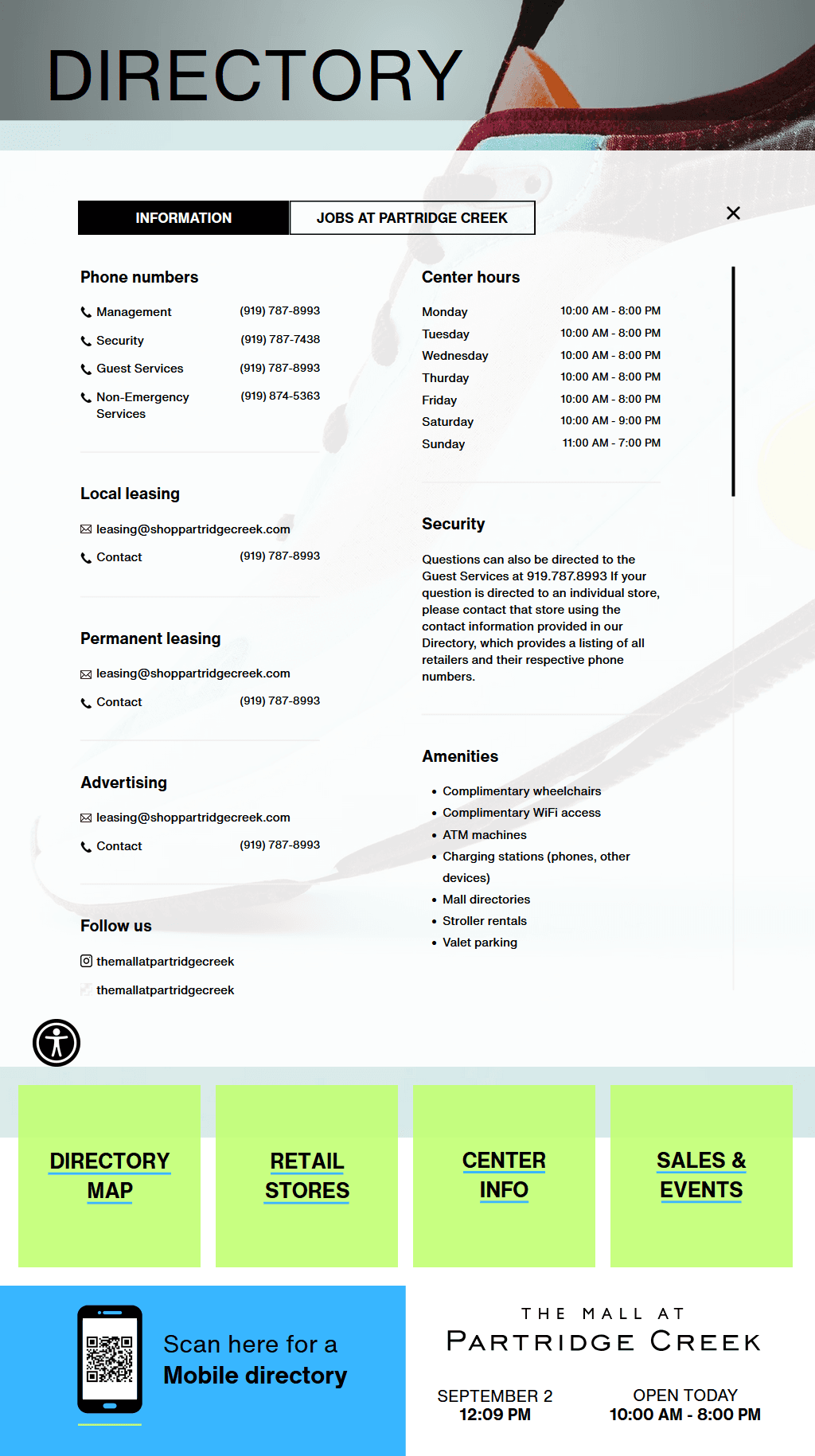 Center information interface showing contact details and amenities