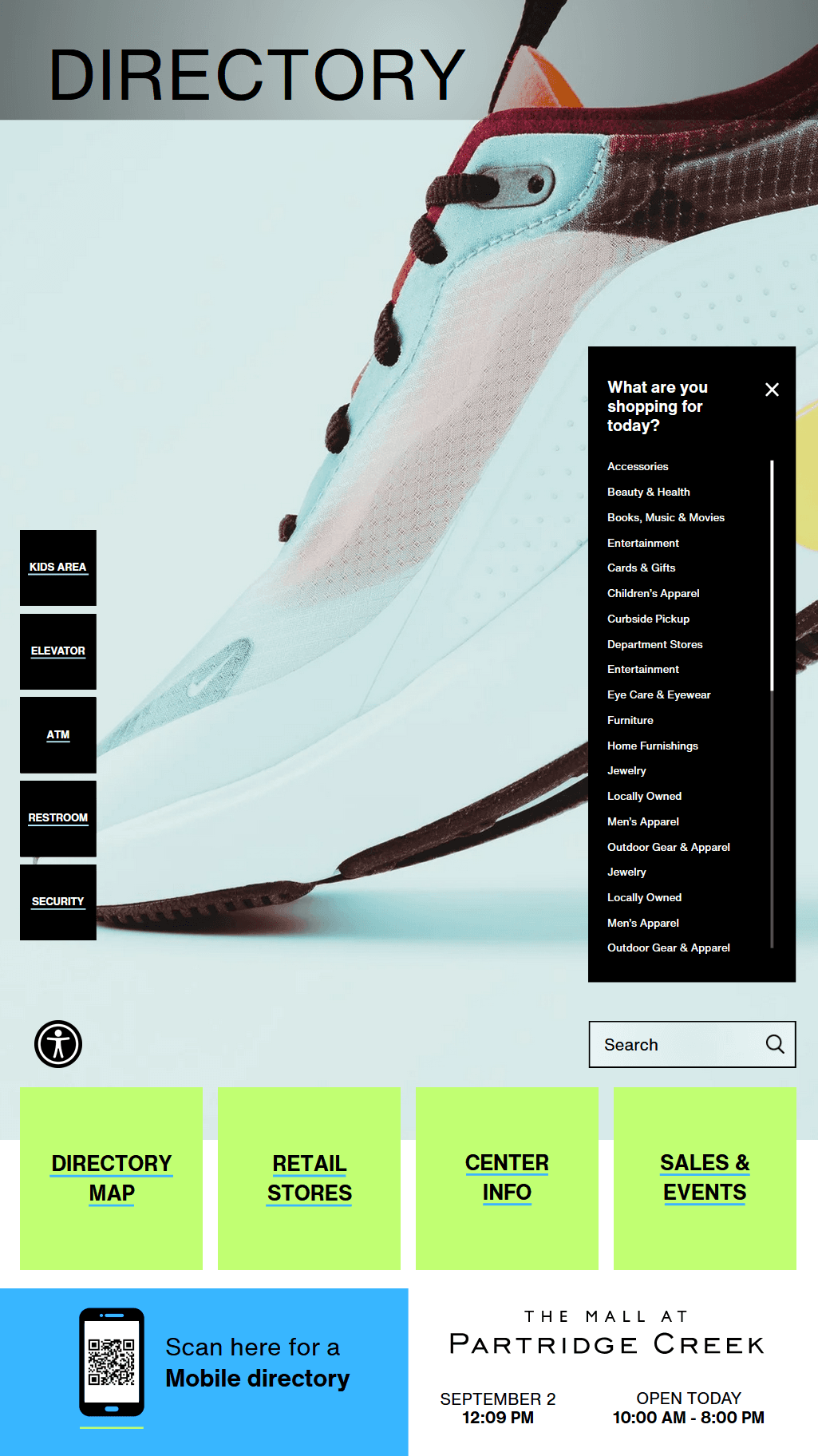 Main navigation interface showing four primary sections