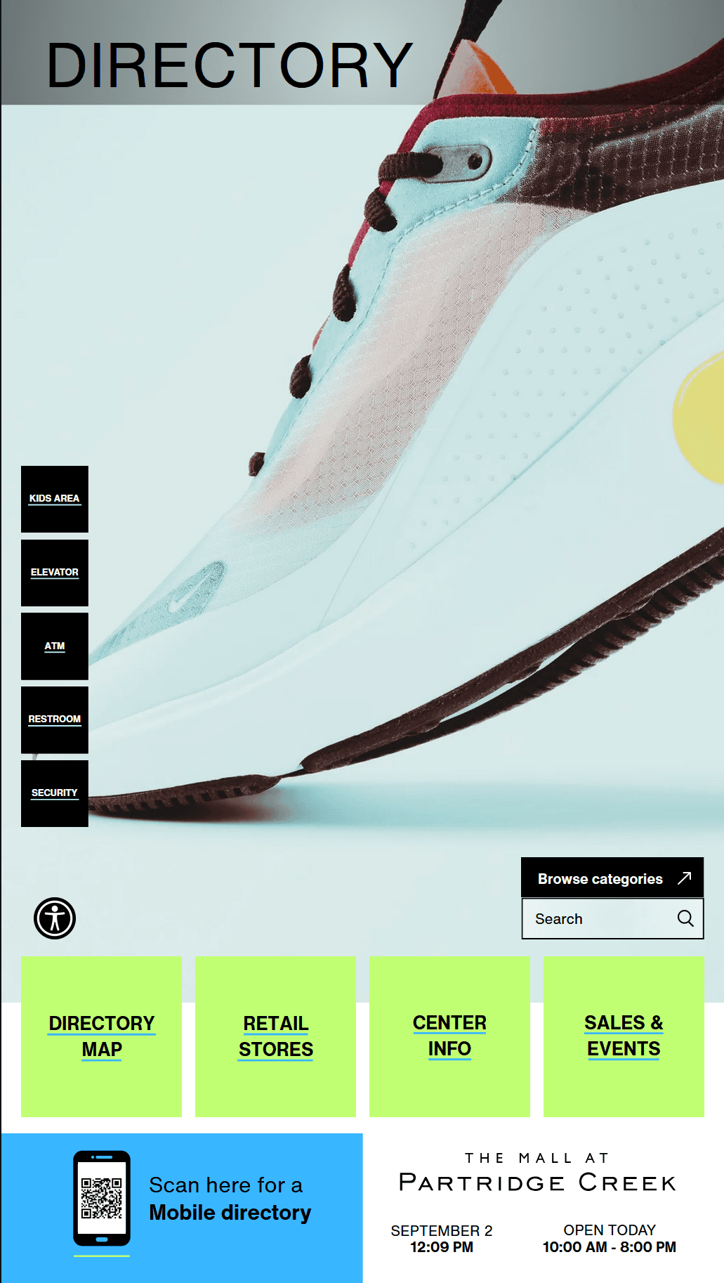 EyeOn Kiosk Application main interface showing directory, map, and navigation options