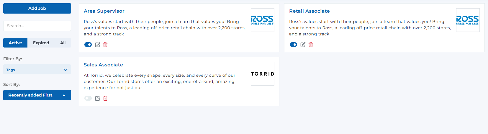 Careers page showing grid layout with job postings, search bar, sort options, and filter controls