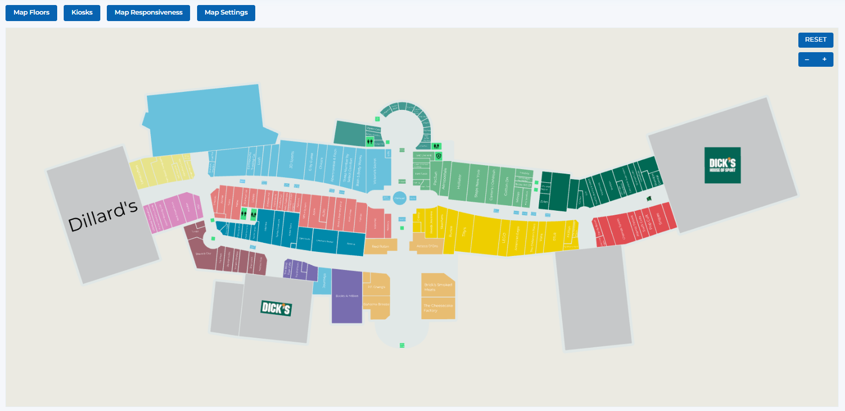 Center Map showing a map of the center with customizable retailer polygons and kiosk locations