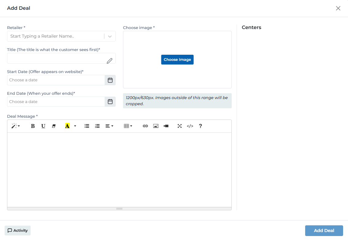 Add deal form showing all required fields and configuration options