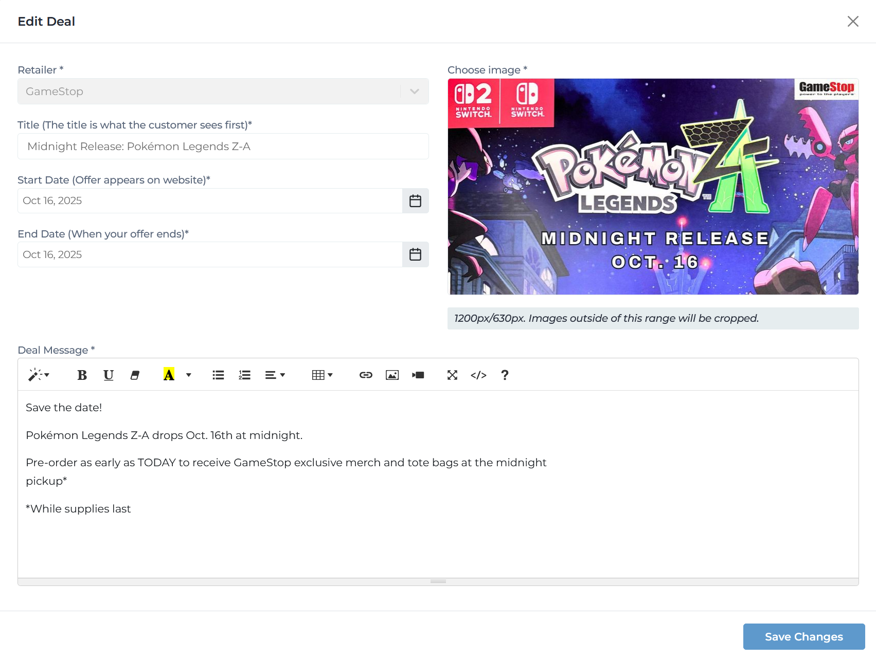 Add/Edit deal form showing all required fields and options