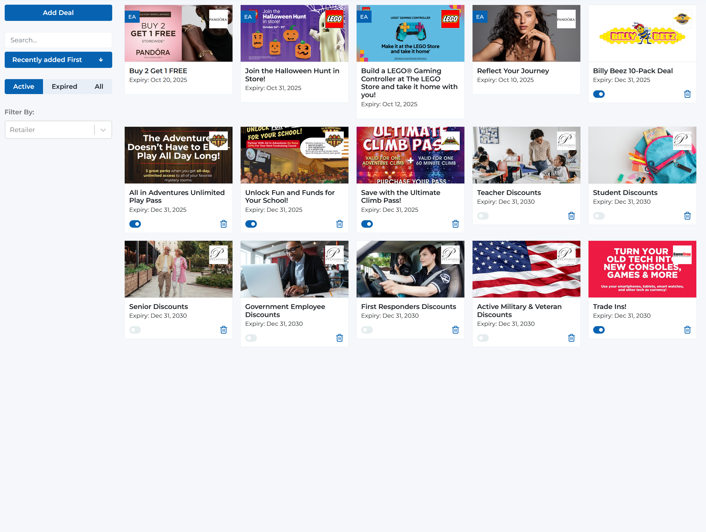 Deals management page showing deal cards, search bar, sort options, and filter controls