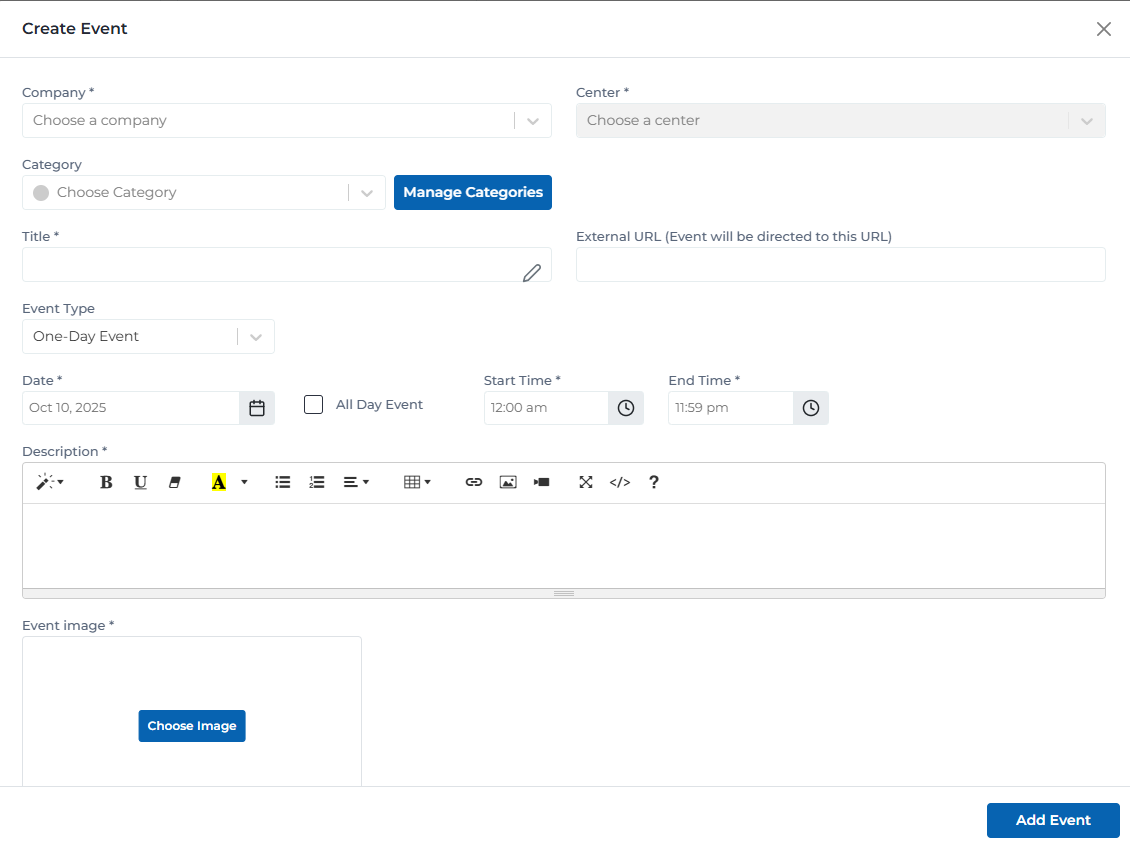 Add event form showing all required fields and options