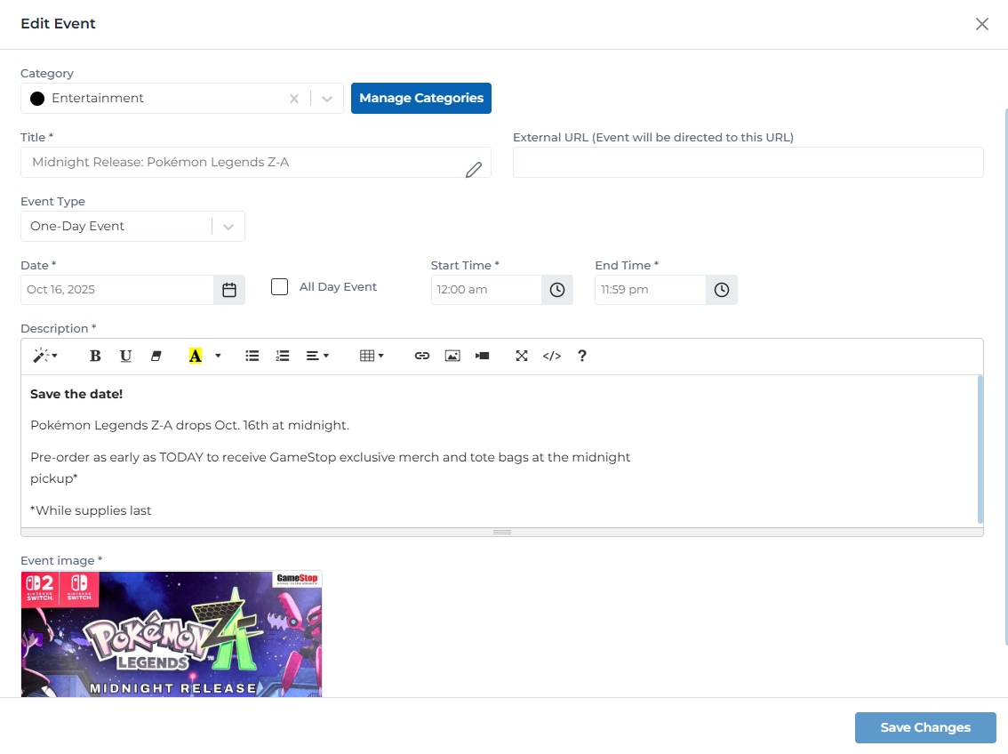 Edit event form showing all fields and configuration options