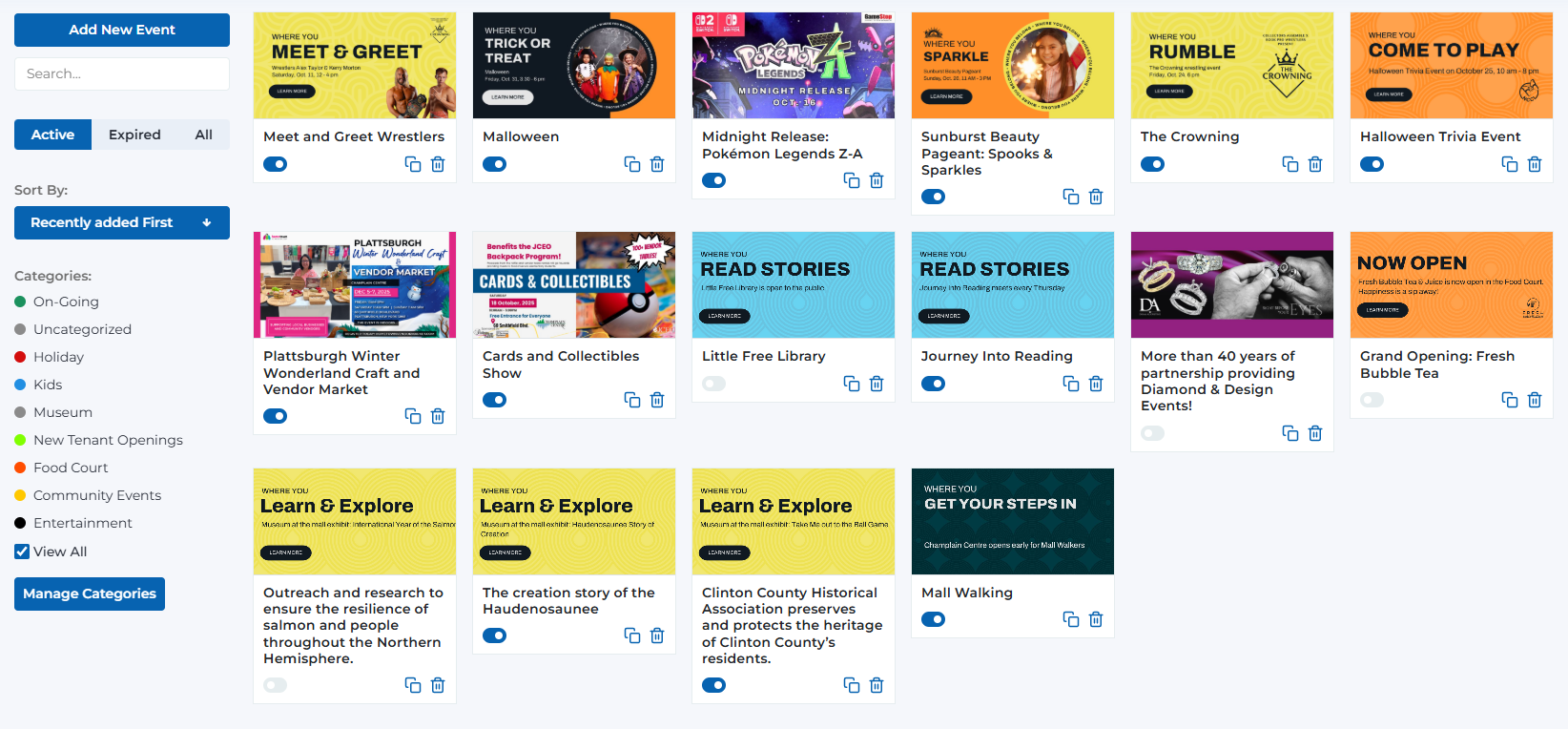Events management page showing event cards, search bar, sort options, and filter controls
