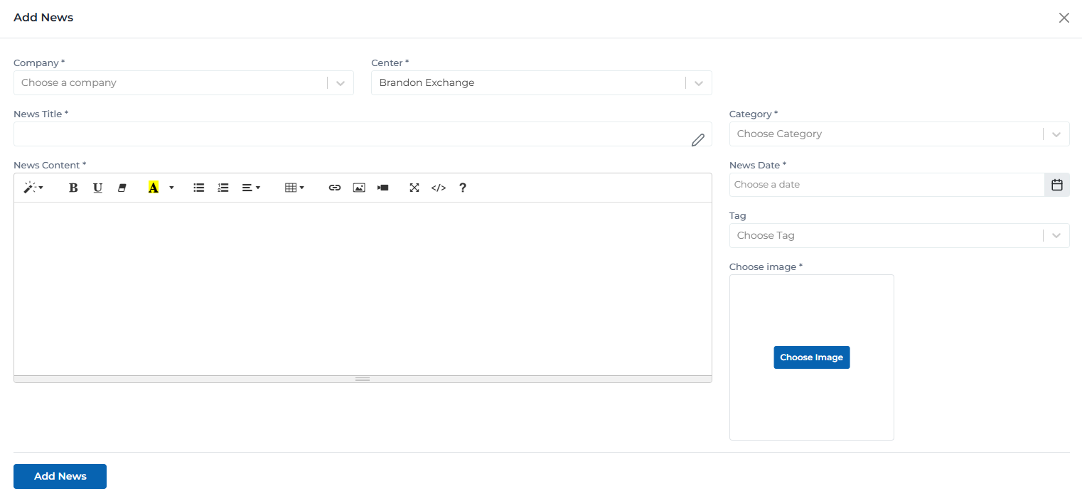 News creation form showing all fields and configuration options