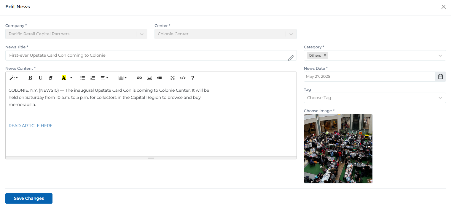 News editing form showing all fields and configuration options