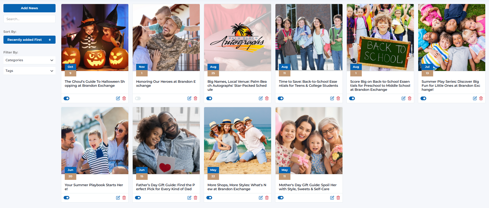 News management system showing a list of news articles