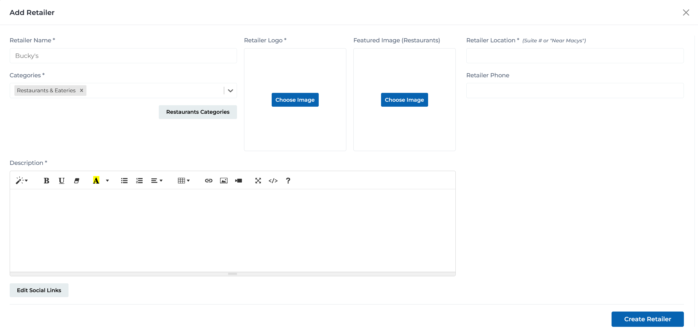 Add retailer form showing restaurant-specific fields and categories