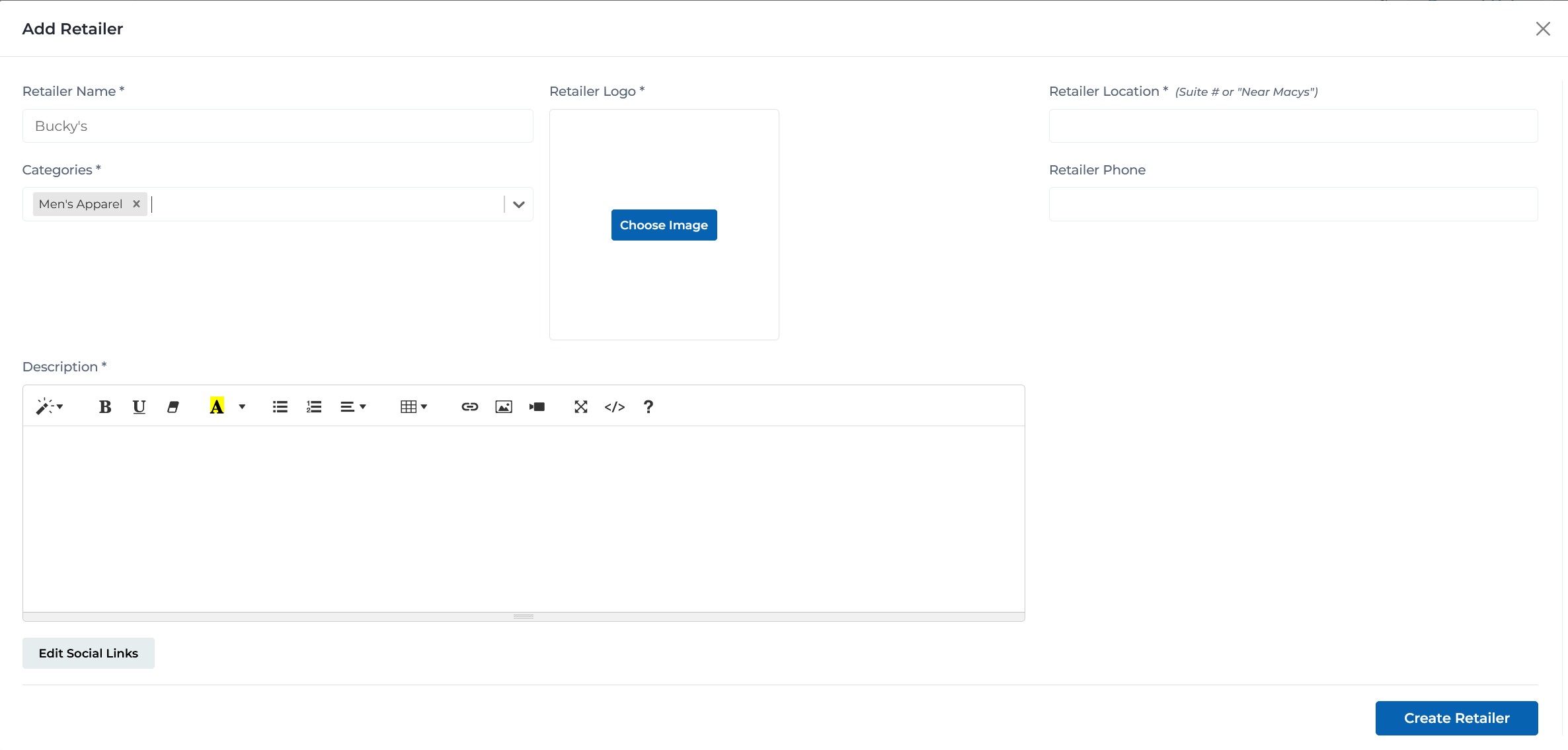 Add retailer form showing fields for general retail stores