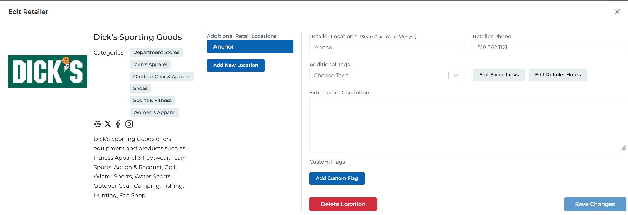 Center Manager edit retailer view showing available fields and capabilities