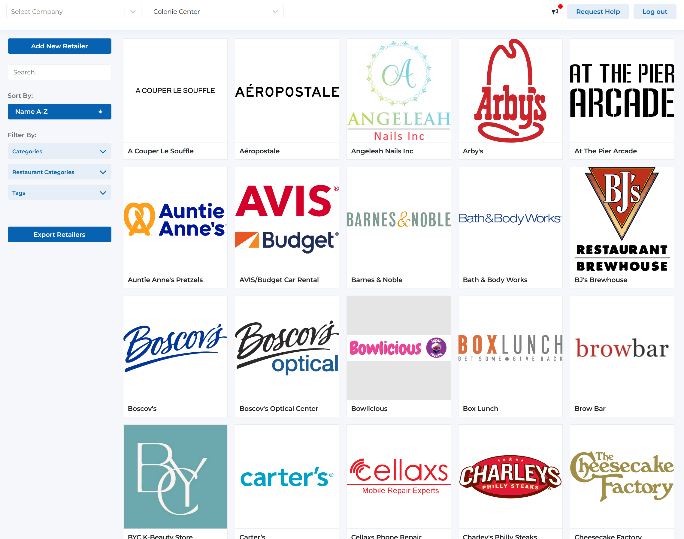 Retailers page showing grid layout with retailer logos, search bar, sort options, and filter accordions