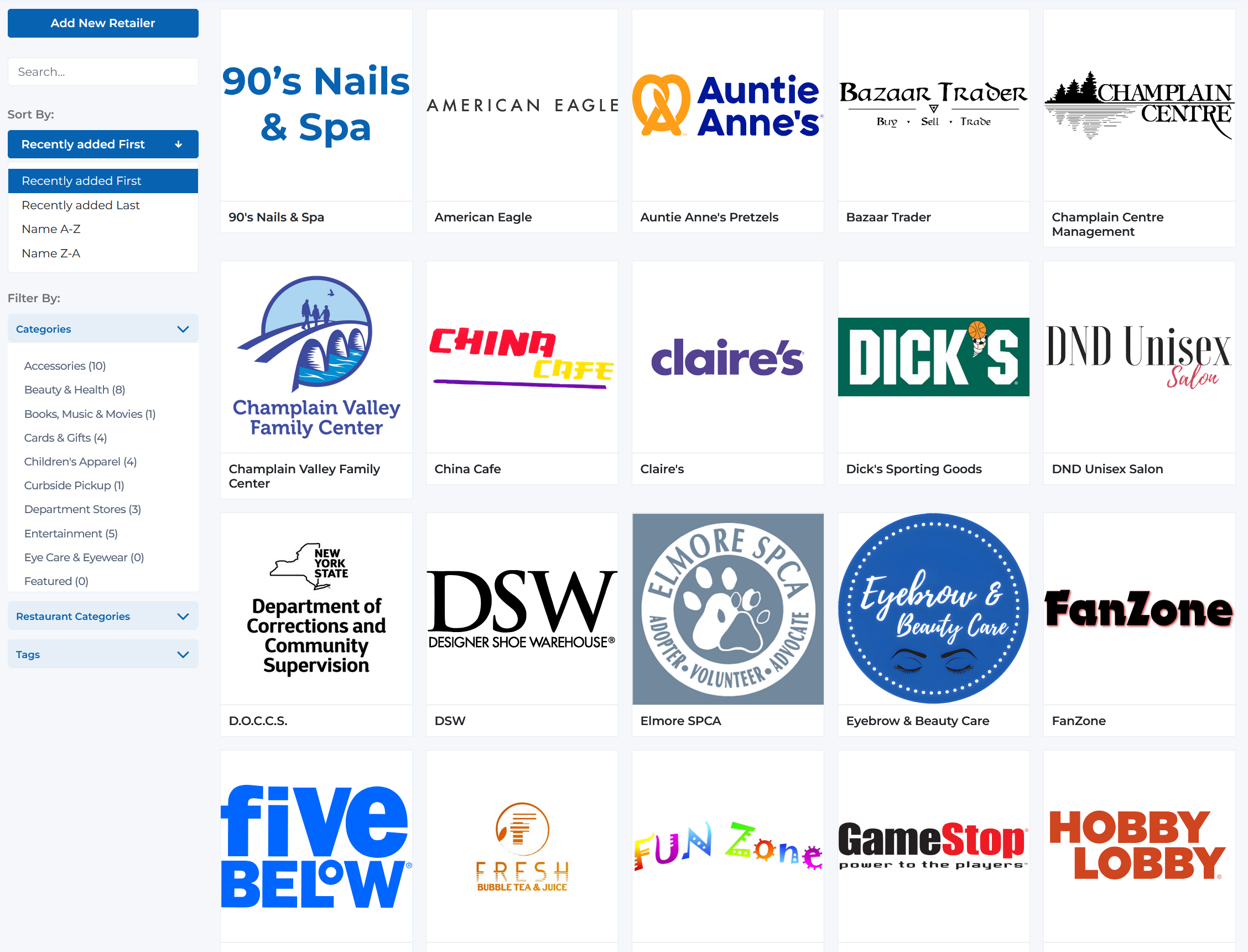 Sort options dropdown showing different sorting methods for retailers